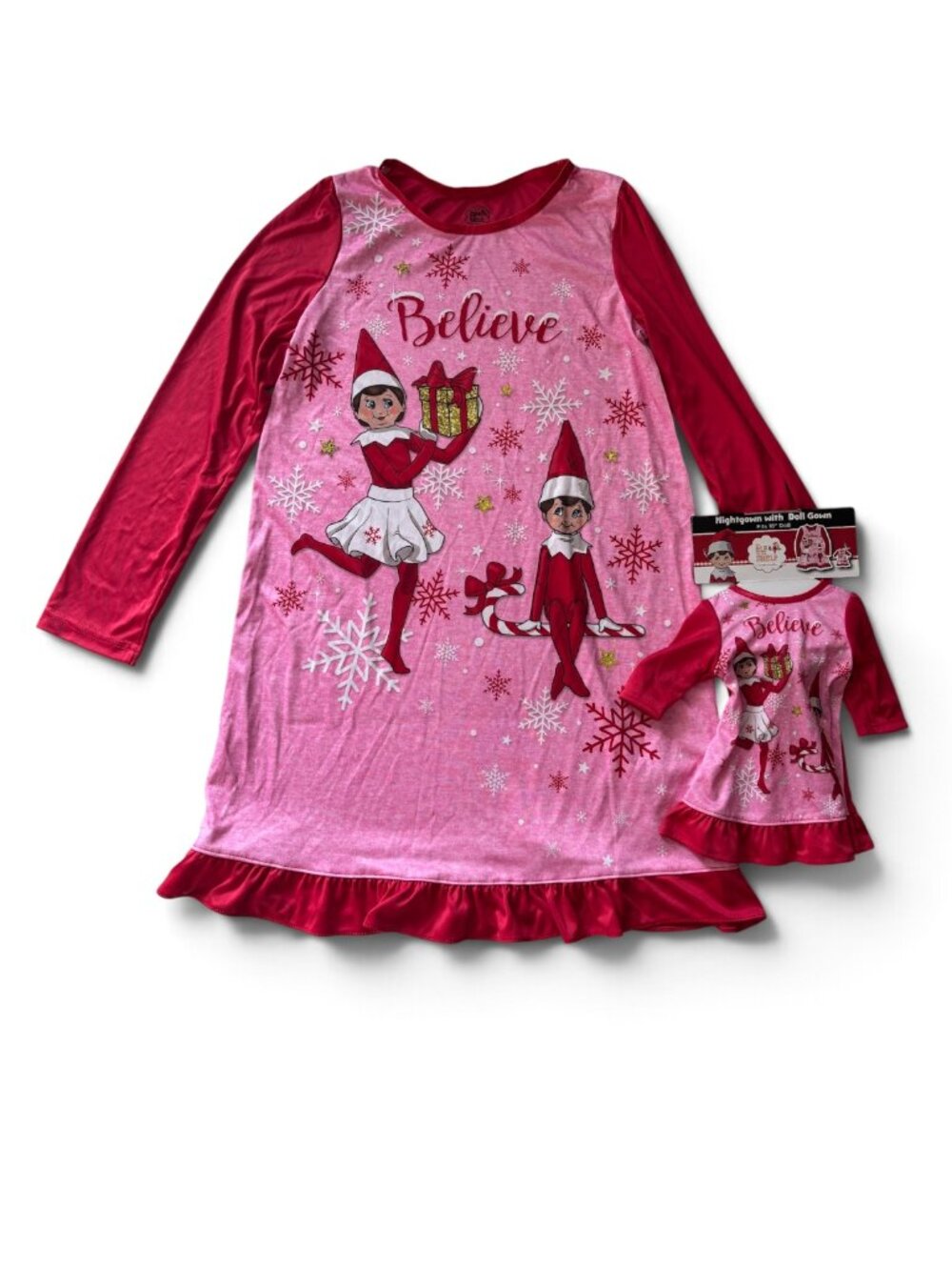 NWT Girl's Elf On The Shelf Colorful Christmas Nightgown With Matching Doll Gown